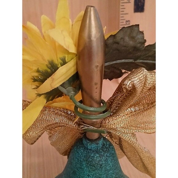 Rustic Metal Blue Ringing Bell with Sunflower Gold Bow Country Farmhouse Decor - Picture 9 of 11